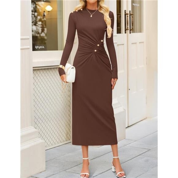 Womens Long Sleeve Mock Neck Bodycon Midi Dress Coffee - Picture 5 of 6